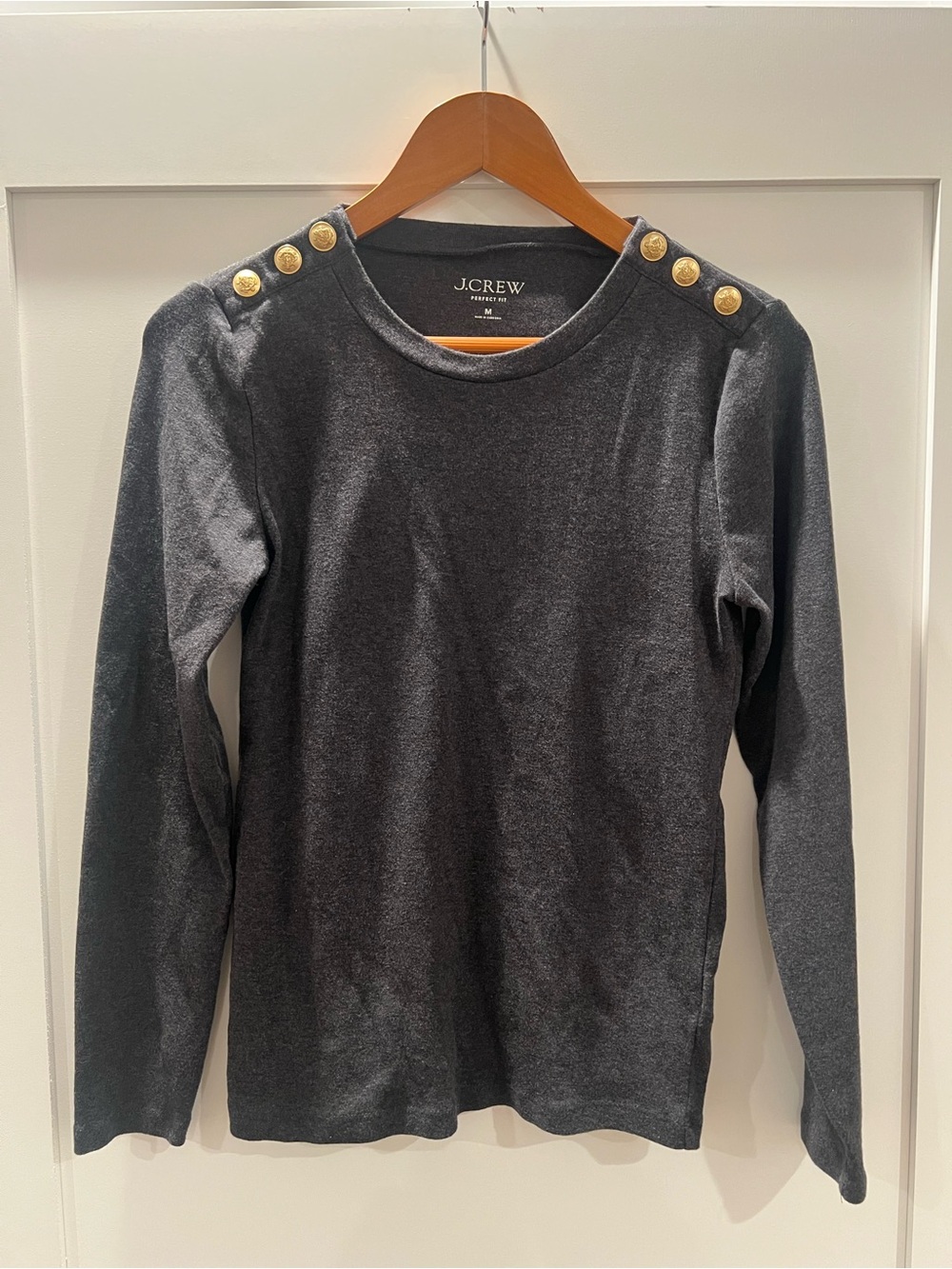 J. Crew Charcoal Long-Sleeve Tee with Gold Shoulder Buttons